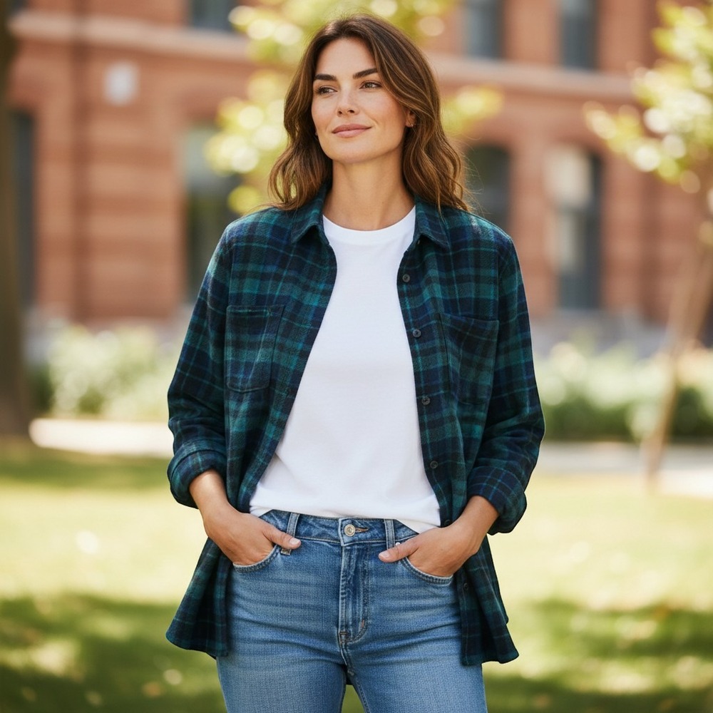 NWT Eddie Bauer Microfleece Shirt Womens Medium Green Plaid Button Up Anti-Pill